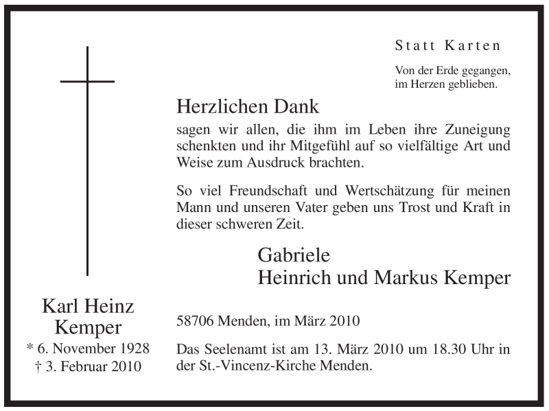  Traueranzeige für Karl Heinz Kemper vom 06.03.2010 aus WESTFÄLISCHER ANZEIGER