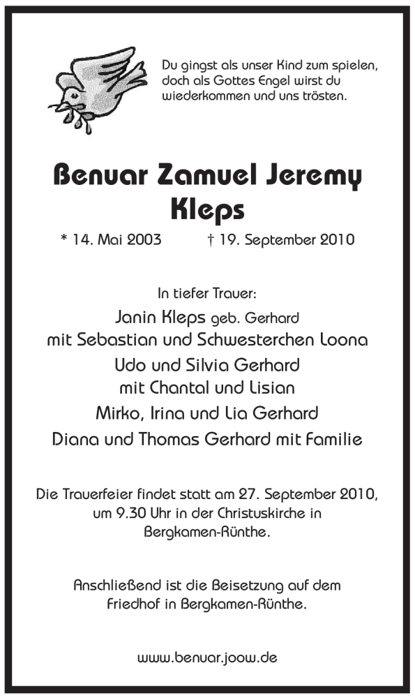  Traueranzeige für Benuar Zamuel Jeremy Kleps vom 25.09.2010 aus WESTFÄLISCHER ANZEIGER