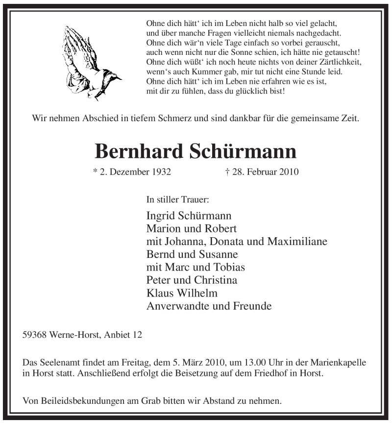  Traueranzeige für Bernhard Schürmann vom 02.03.2010 aus WESTFÄLISCHER ANZEIGER