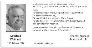 Traueranzeige von Manfred Weigand von WESTFÄLISCHER ANZEIGER