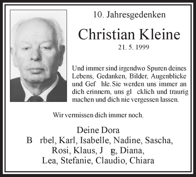  Traueranzeige für Christian Kleine vom 21.05.2009 aus WESTFÄLISCHER ANZEIGER