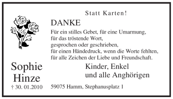Traueranzeige von Sophie Hinze von WESTFÄLISCHER ANZEIGER