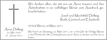 Traueranzeige von Änne Dellwig von WESTFÄLISCHER ANZEIGER