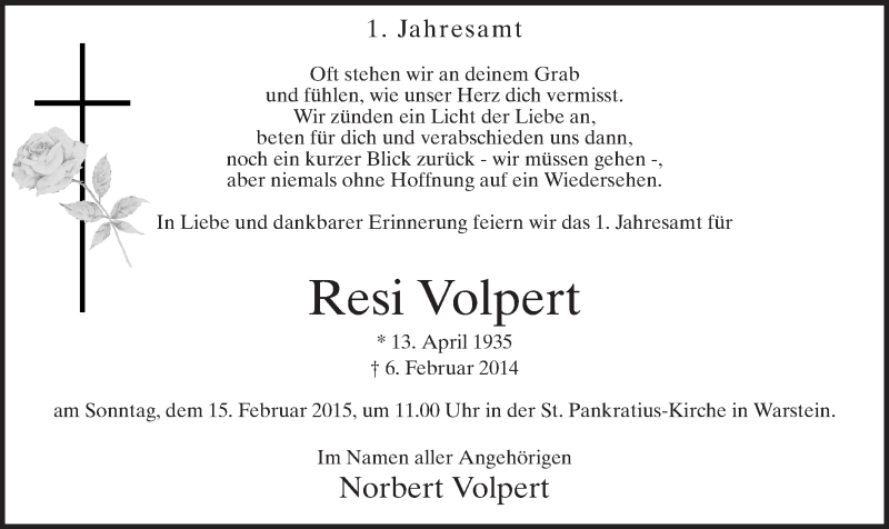  Traueranzeige für Resi Volpert vom 07.02.2015 aus MZV