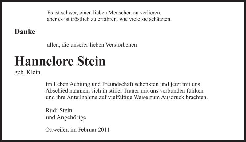  Traueranzeige für Hannelore Stein vom 12.02.2011 aus WESTFÄLISCHER ANZEIGER