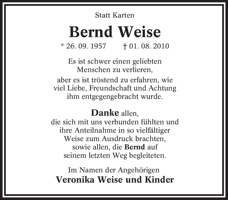  Traueranzeige für Bernd Weise vom 21.08.2010 aus WESTFÄLISCHER ANZEIGER