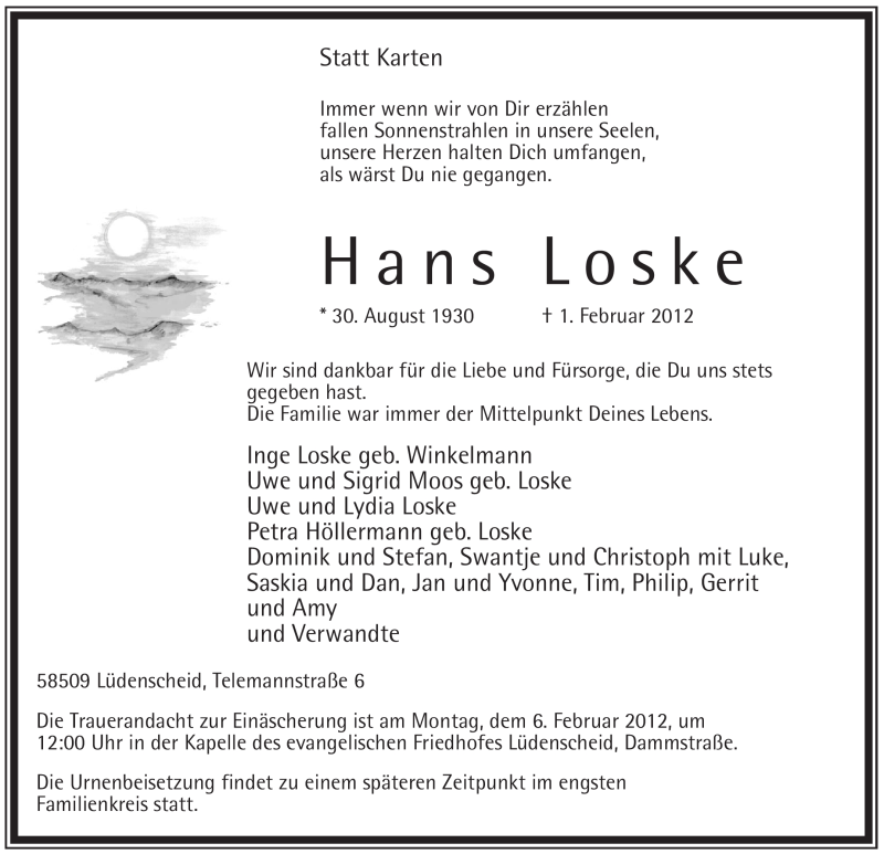  Traueranzeige für Hans Loske vom 04.02.2012 aus WESTFÄLISCHER ANZEIGER