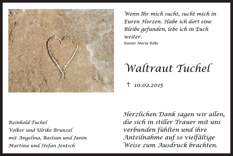  Traueranzeige für Waltraut Tuchel vom 28.03.2015 aus MZV
