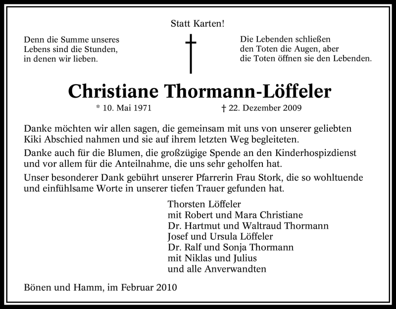  Traueranzeige für Christiane Thormann-Löffeler vom 27.02.2010 aus WESTFÄLISCHER ANZEIGER