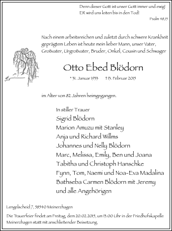 Traueranzeige von Otto Ebed Blödorn von MZV