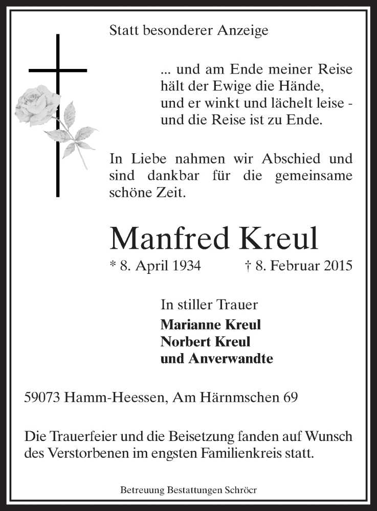  Traueranzeige für Manfred Kreul vom 14.02.2015 aus MZV