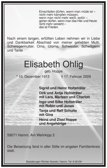Traueranzeige von Elisabeth Ohlig von WESTFÄLISCHER ANZEIGER