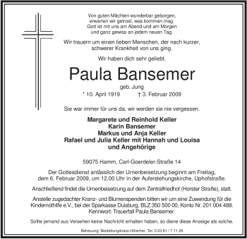 Traueranzeige von Paula Bansemer von WESTFÄLISCHER ANZEIGER