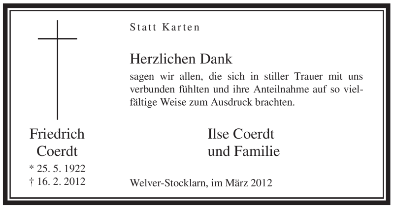  Traueranzeige für Friedrich Coerdt vom 17.03.2012 aus WESTFÄLISCHER ANZEIGER