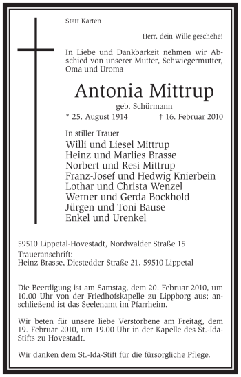 Traueranzeige von Antonia Mittrup von WESTFÄLISCHER ANZEIGER