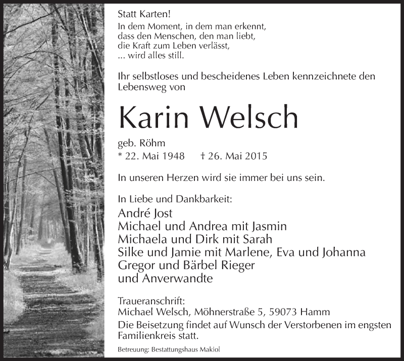  Traueranzeige für Karin Welsch vom 30.05.2015 aus MZV