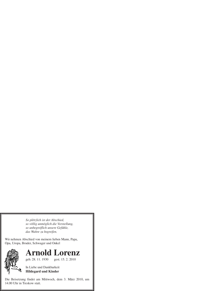  Traueranzeige für Arnold Lorenz vom 20.02.2010 aus WESTFÄLISCHER ANZEIGER