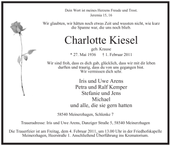 Traueranzeige von Charlotte Kiesel von WESTFÄLISCHER ANZEIGER