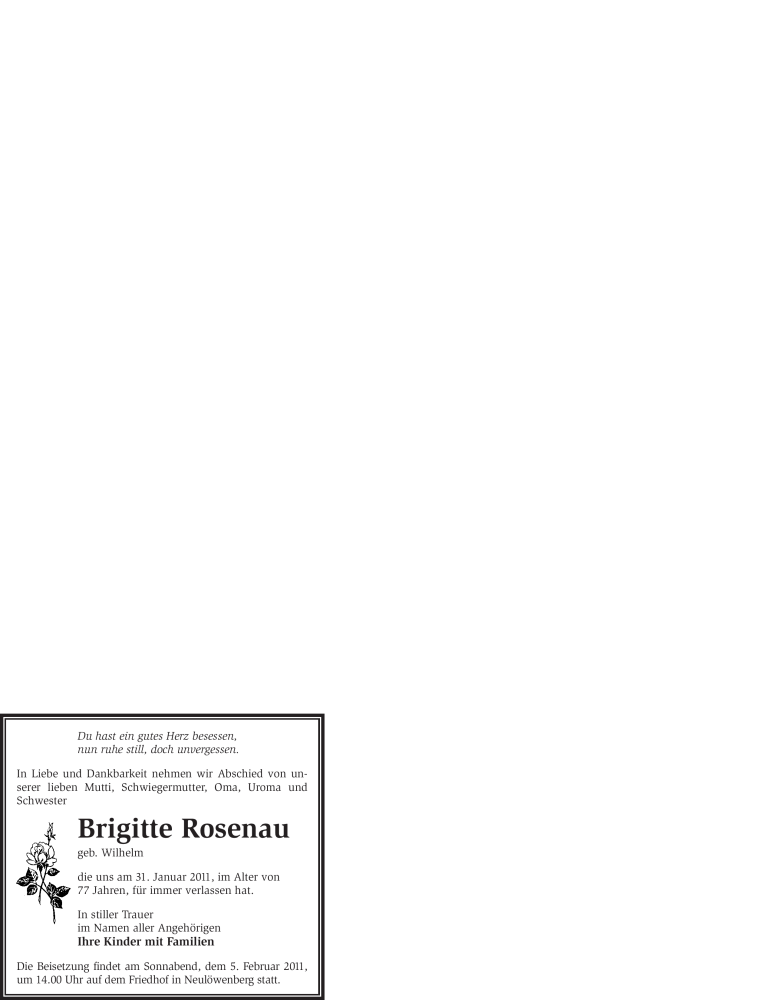  Traueranzeige für Brigitte Rosenau vom 02.02.2011 aus WESTFÄLISCHER ANZEIGER