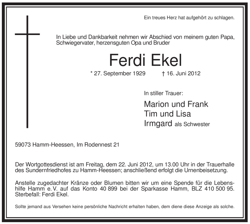  Traueranzeige für Ferdi Ekel vom 18.06.2012 aus WESTFÄLISCHER ANZEIGER