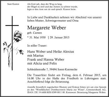 Traueranzeige von Margarete Weber von MZV