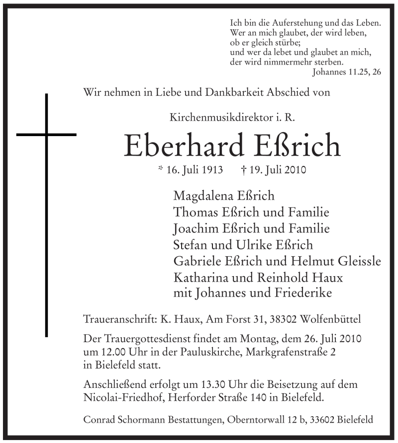  Traueranzeige für Eberhard Eßrich vom 22.07.2010 aus WESTFÄLISCHER ANZEIGER