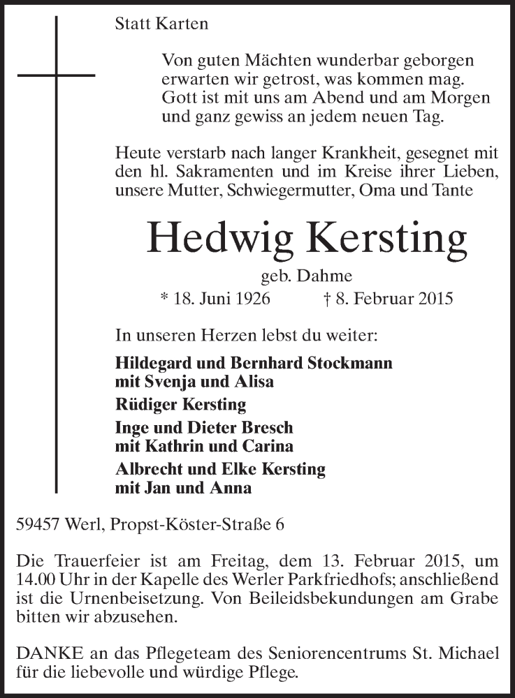  Traueranzeige für Hedwig Kersting vom 11.02.2015 aus MZV