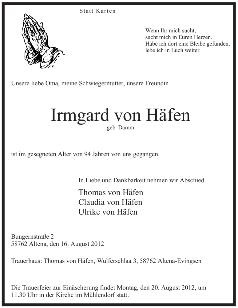  Traueranzeige für Irmgard Häfen vom 17.08.2012 aus WESTFÄLISCHER ANZEIGER