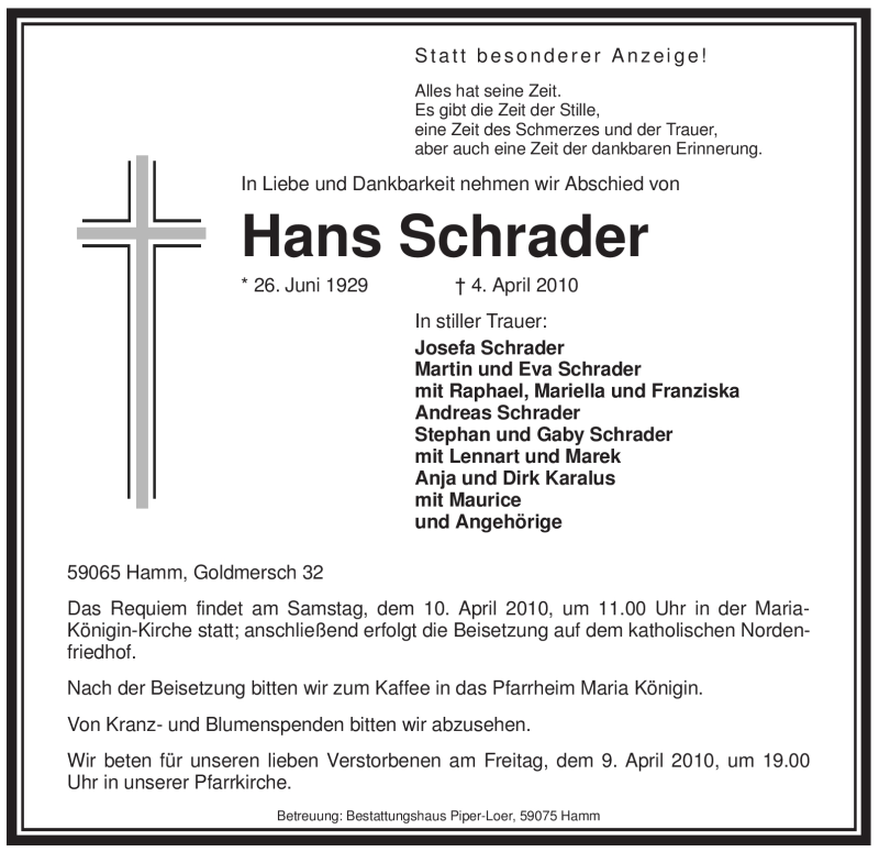  Traueranzeige für Hans Schrader vom 09.04.2010 aus WESTFÄLISCHER ANZEIGER