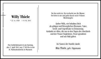 Traueranzeige von Willy Thiele von WESTFÄLISCHER ANZEIGER
