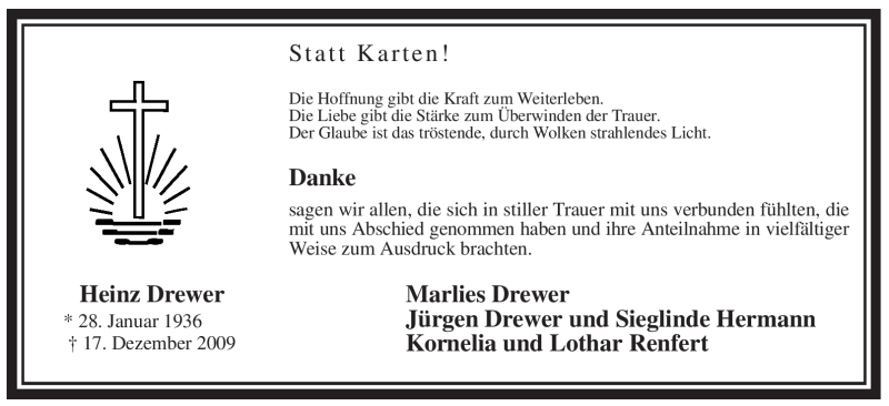  Traueranzeige für Heinz Drewer vom 13.02.2010 aus WESTFÄLISCHER ANZEIGER