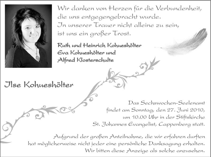  Traueranzeige für Ilse Kohueshölter vom 19.06.2010 aus WESTFÄLISCHER ANZEIGER