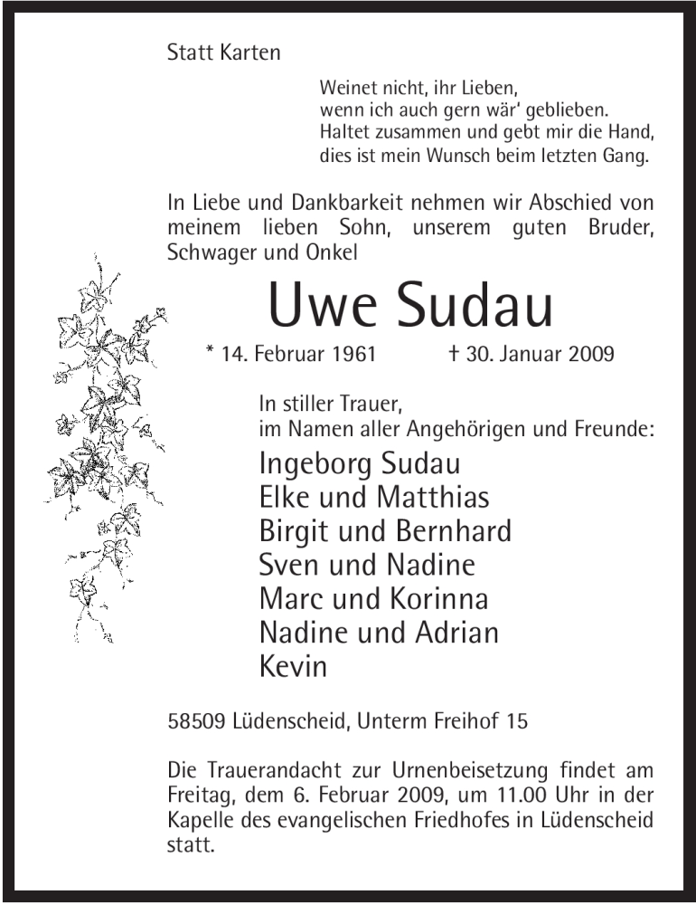  Traueranzeige für Uwe Sudau vom 04.02.2009 aus WESTFÄLISCHER ANZEIGER