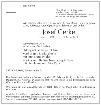 Traueranzeige von Josef Gerke von WESTFÄLISCHER ANZEIGER