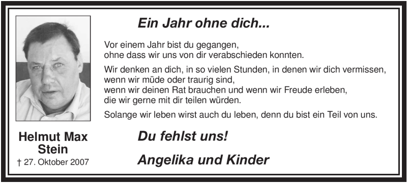  Traueranzeige für Helmut Max Stein vom 27.10.2008 aus WESTFÄLISCHER ANZEIGER