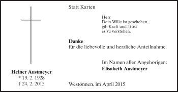 Traueranzeige von Heiner Austmeyer von MZV