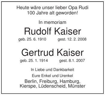 Traueranzeige von Rudolf Kaiser von WESTFÄLISCHER ANZEIGER