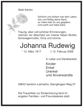 Traueranzeige von Johanna Rudewig von WESTFÄLISCHER ANZEIGER