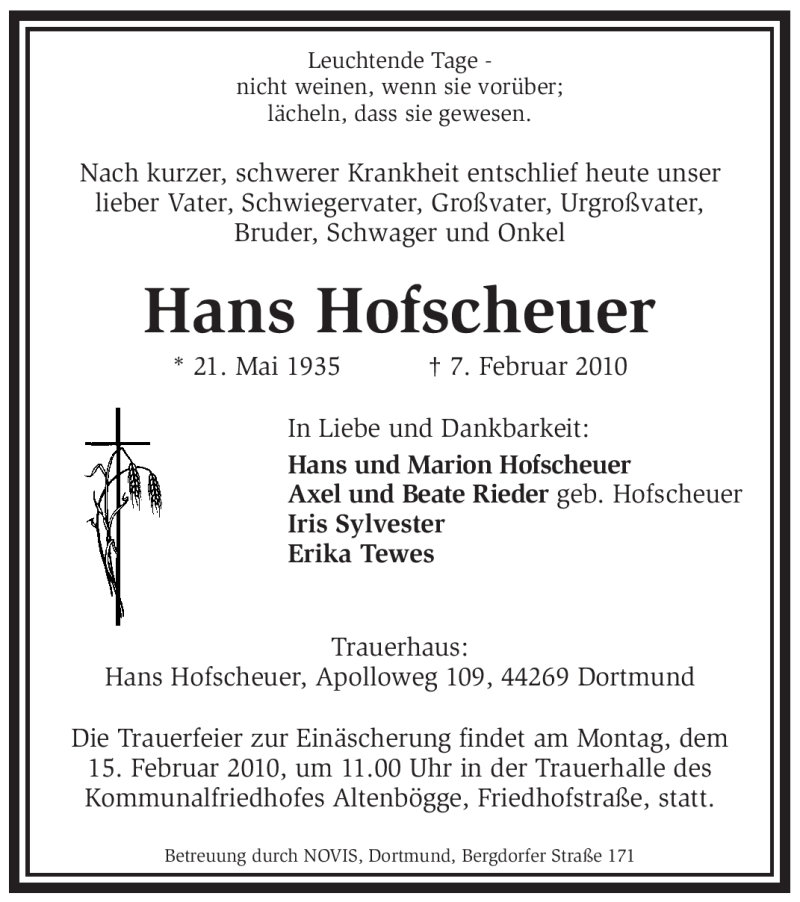  Traueranzeige für Hans Hofscheuer vom 10.02.2010 aus WESTFÄLISCHER ANZEIGER