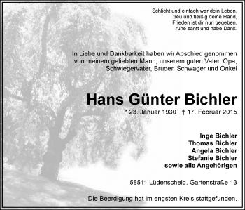 Traueranzeige von Hans Günter Bichler von MZV