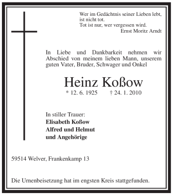 Traueranzeige von Heinz Koßow von WESTFÄLISCHER ANZEIGER