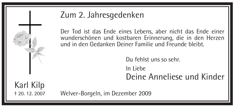  Traueranzeige für Karl Kilp vom 19.12.2009 aus WESTFÄLISCHER ANZEIGER
