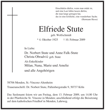 Traueranzeige von Elfriede Stute von WESTFÄLISCHER ANZEIGER