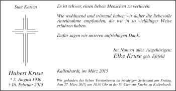 Traueranzeige von Hubert Kruse von MZV