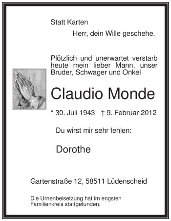 Traueranzeige von Claudio Monde von WESTFÄLISCHER ANZEIGER