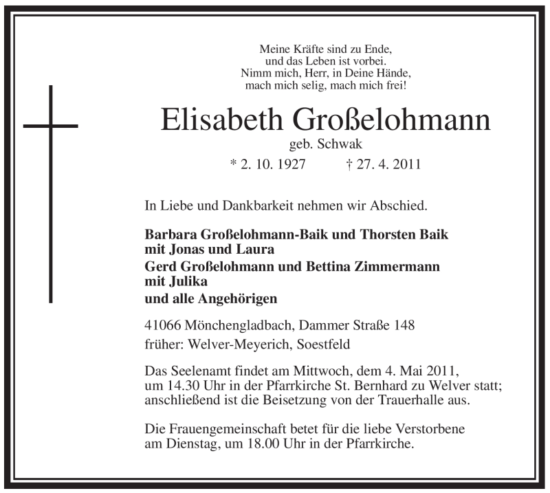  Traueranzeige für Elisabeth Großelohmann vom 30.04.2011 aus WESTFÄLISCHER ANZEIGER