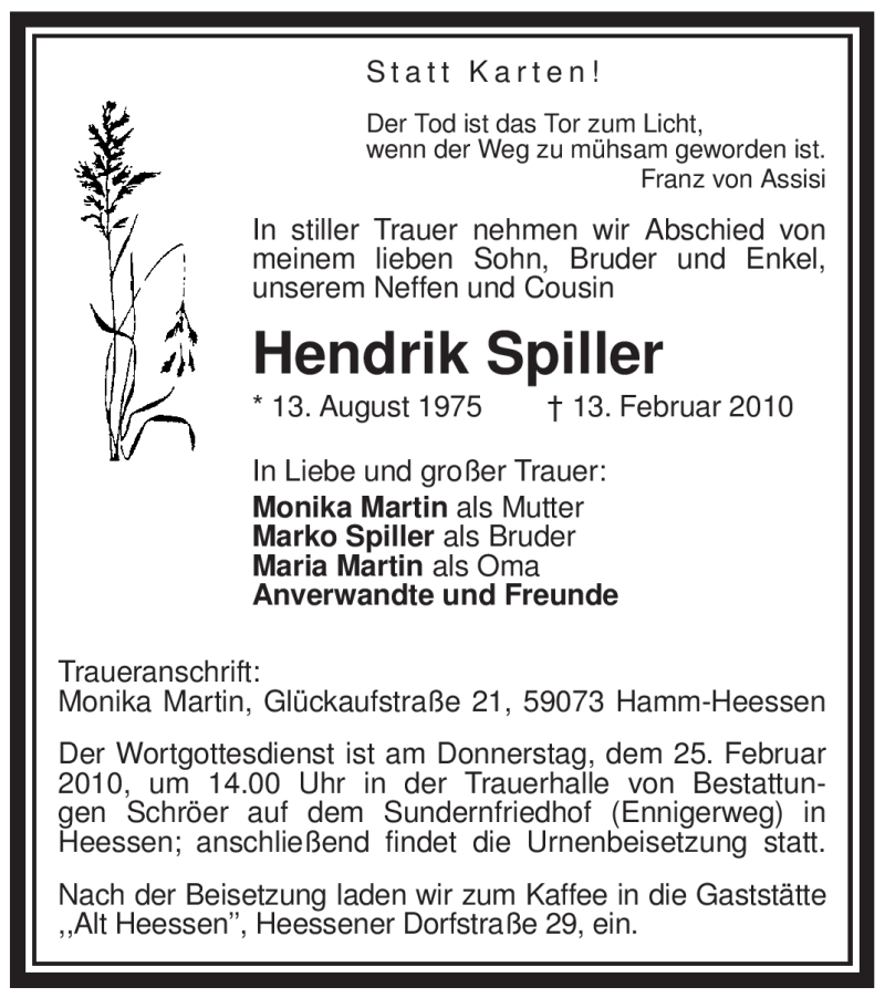  Traueranzeige für Hendrik Spiller vom 18.02.2010 aus WESTFÄLISCHER ANZEIGER