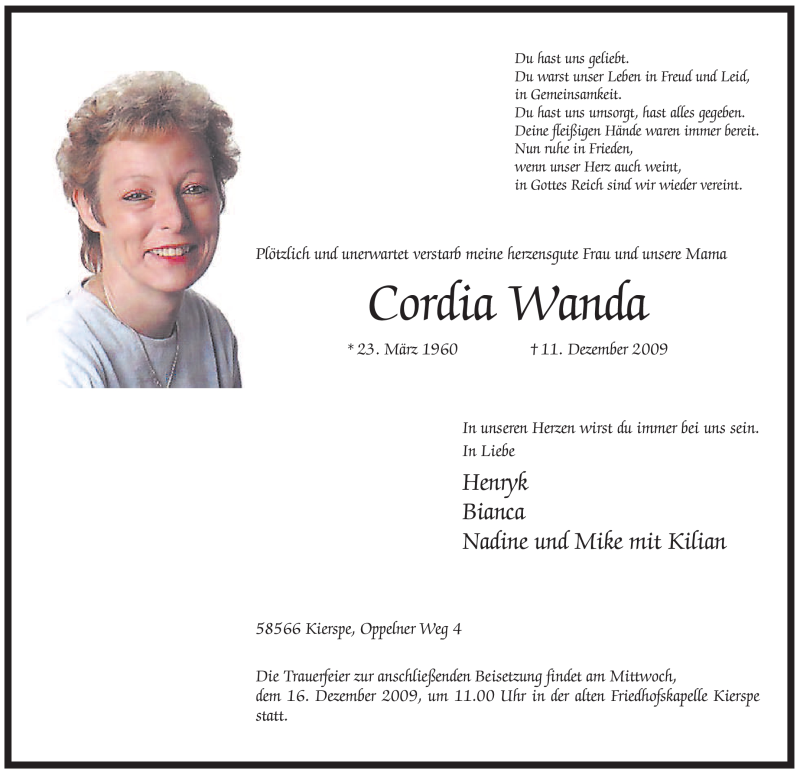  Traueranzeige für Cordia Wanda vom 15.12.2009 aus WESTFÄLISCHER ANZEIGER