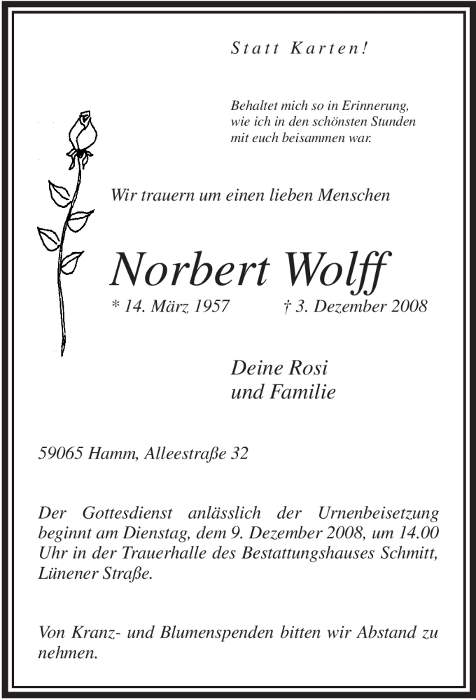  Traueranzeige für Norbert Wolff vom 06.12.2008 aus WESTFÄLISCHER ANZEIGER