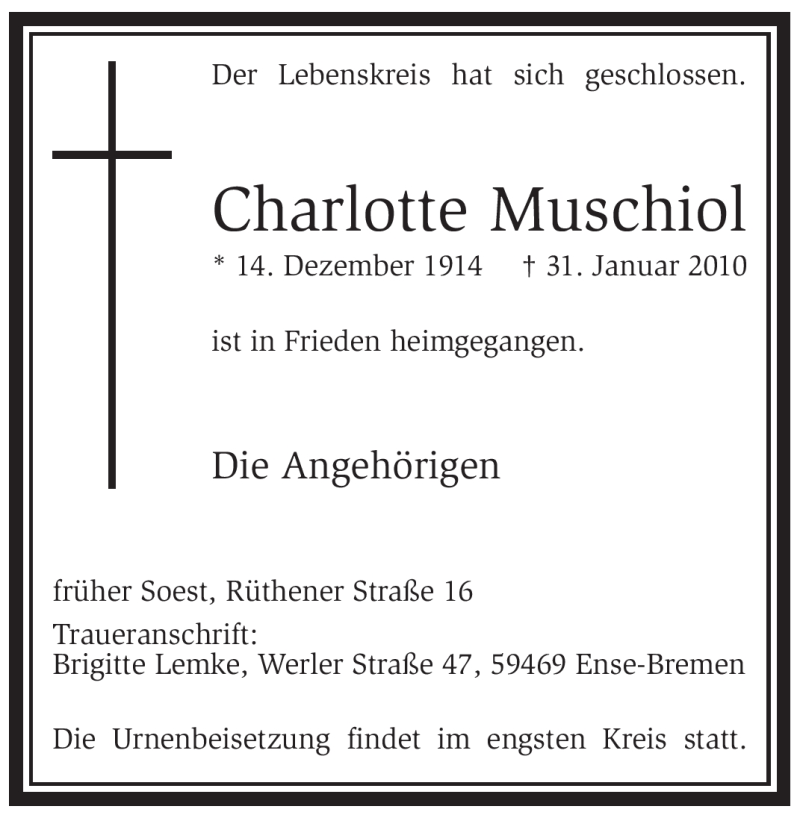  Traueranzeige für Charlotte Muschiol vom 06.02.2010 aus WESTFÄLISCHER ANZEIGER